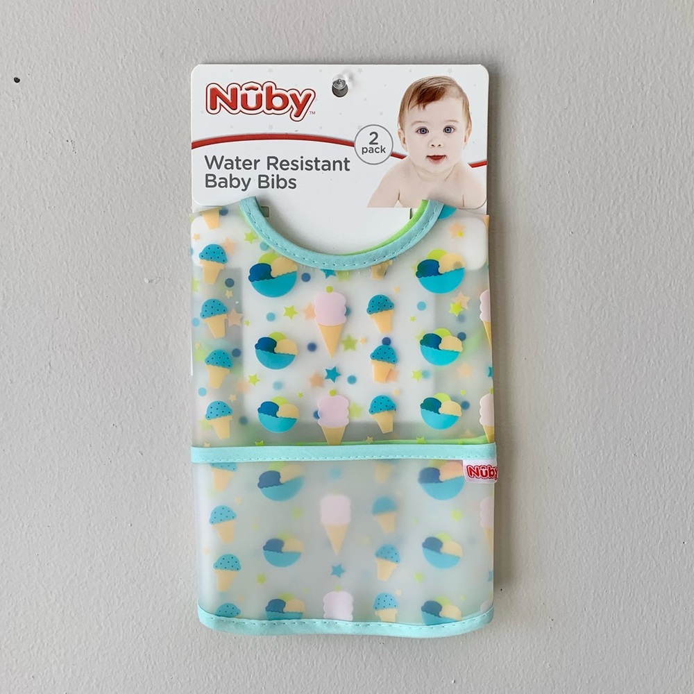 NWT 2-Pack Nuby Water Resistant Baby Bibs w/ Food Catcher Pocket Vinyl